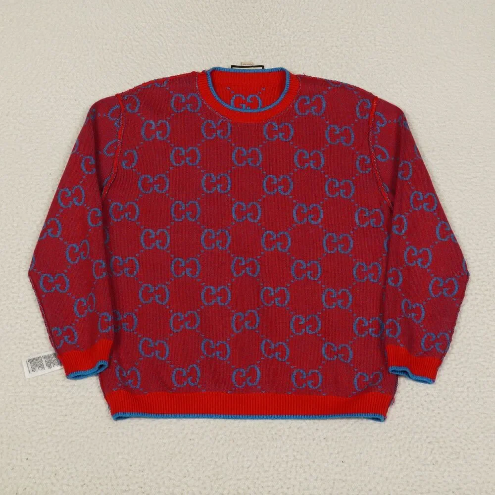 Gucci Gg Knit Cotton Jacquard Sweater Mens Large Red Blue Cotton Ready-To-Wear